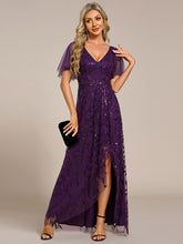 Load image into Gallery viewer, Sequin Mesh High Low V-Neck Midi Evening Dress With Short Sleeves