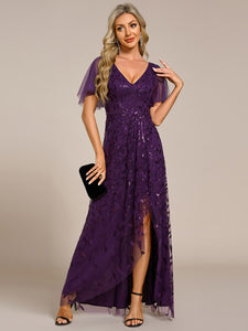 Sequin Mesh High Low V-Neck Midi Evening Dress With Short Sleeves