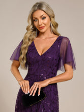 Load image into Gallery viewer, Sequin Mesh High Low V-Neck Midi Evening Dress With Short Sleeves