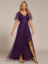 Load image into Gallery viewer, Sequin Mesh High Low V-Neck Midi Evening Dress With Short Sleeves