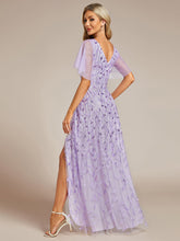 Load image into Gallery viewer, Color=Lavender | Sequin Mesh High Low V-Neck Midi Evening Dress With Short Sleeves-Lavender 2