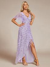 Load image into Gallery viewer, Color=Lavender | Sequin Mesh High Low V-Neck Midi Evening Dress With Short Sleeves-Lavender 4