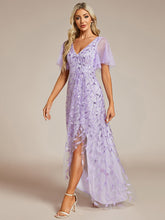 Load image into Gallery viewer, Color=Lavender | Sequin Mesh High Low V-Neck Midi Evening Dress With Short Sleeves-Lavender 3