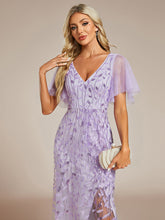 Load image into Gallery viewer, Color=Lavender | Sequin Mesh High Low V-Neck Midi Evening Dress With Short Sleeves-Lavender 5