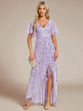 Load image into Gallery viewer, Color=Lavender | Sequin Mesh High Low V-Neck Midi Evening Dress With Short Sleeves-Lavender 1