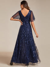 Load image into Gallery viewer, Color=Navy Blue | Sequin Mesh High Low V-Neck Midi Evening Dress With Short Sleeves-Navy Blue 