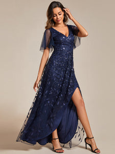 Color=Navy Blue | Sequin Mesh High Low V-Neck Midi Evening Dress With Short Sleeves-Navy Blue 