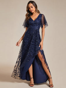 Color=Navy Blue | Sequin Mesh High Low V-Neck Midi Evening Dress With Short Sleeves-Navy Blue 