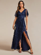 Load image into Gallery viewer, Color=Navy Blue | Sequin Mesh High Low V-Neck Midi Evening Dress With Short Sleeves-Navy Blue 