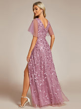 Load image into Gallery viewer, Color=Orchid | Sequin Mesh High Low V-Neck Midi Evening Dress With Short Sleeves-Orchid 1