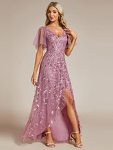 Load image into Gallery viewer, Color=Orchid | Sequin Mesh High Low V-Neck Midi Evening Dress With Short Sleeves-Orchid 1