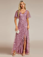 Load image into Gallery viewer, Color=Orchid | Sequin Mesh High Low V-Neck Midi Evening Dress With Short Sleeves-Orchid 1