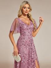 Load image into Gallery viewer, Color=Orchid | Sequin Mesh High Low V-Neck Midi Evening Dress With Short Sleeves-Orchid 1