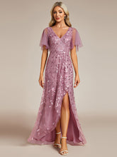 Load image into Gallery viewer, Color=Orchid | Sequin Mesh High Low V-Neck Midi Evening Dress With Short Sleeves-Orchid 1