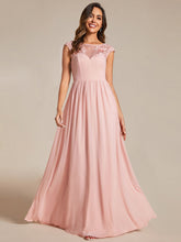Load image into Gallery viewer, Color=Pink | Embroidery Round Neck Floor Length Bridesmaid Dress With Raglan Sleeves-Pink 