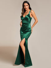 Load image into Gallery viewer, Color=Dark Green | Maxi Long V-Neck Ruched Satin Evening Dress With Sleeveless-Dark Green 2