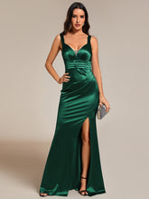 Load image into Gallery viewer, Color=Dark Green | Maxi Long V-Neck Ruched Satin Evening Dress With Sleeveless-Dark Green 3