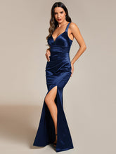 Load image into Gallery viewer, Color=Navy Blue | Maxi Long V-Neck Ruched Satin Evening Dress With Sleeveless-Navy Blue 9