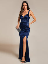 Load image into Gallery viewer, Color=Navy Blue | Maxi Long V-Neck Ruched Satin Evening Dress With Sleeveless-Navy Blue 6