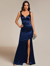 Load image into Gallery viewer, Color=Navy Blue | Maxi Long V-Neck Ruched Satin Evening Dress With Sleeveless-Navy Blue 8