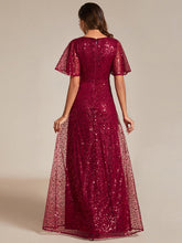 Load image into Gallery viewer, Color=Burgundy | Shiny Sequin V Neck Evening Dress With Short Sleeves-Burgundy 4