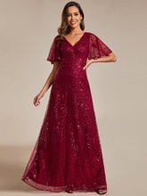 Load image into Gallery viewer, Color=Burgundy | Shiny Sequin V Neck Evening Dress With Short Sleeves-Burgundy 1