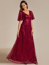 Load image into Gallery viewer, Color=Burgundy | Shiny Sequin V Neck Evening Dress With Short Sleeves-Burgundy 3