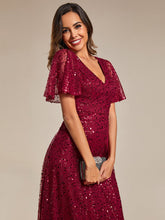 Load image into Gallery viewer, Color=Burgundy | Shiny Sequin V Neck Evening Dress With Short Sleeves-Burgundy 2