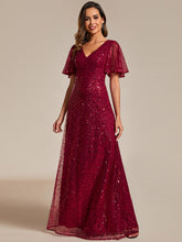 Load image into Gallery viewer, Color=Burgundy | Shiny Sequin V Neck Evening Dress With Short Sleeves-Burgundy 5