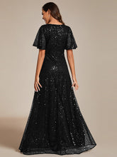 Load image into Gallery viewer, Color=Black | Shiny Sequin V Neck Evening Dress With Short Sleeves-Black 