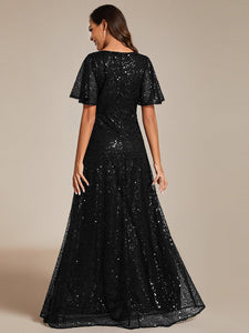 Color=Black | Shiny Sequin V Neck Evening Dress With Short Sleeves-Black 