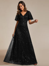 Load image into Gallery viewer, Color=Black | Shiny Sequin V Neck Evening Dress With Short Sleeves-Black 