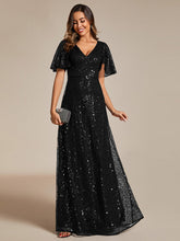 Load image into Gallery viewer, Color=Black | Shiny Sequin V Neck Evening Dress With Short Sleeves-Black 