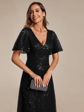 Load image into Gallery viewer, Color=Black | Shiny Sequin V Neck Evening Dress With Short Sleeves-Black 