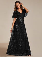 Load image into Gallery viewer, Color=Black | Shiny Sequin V Neck Evening Dress With Short Sleeves-Black 