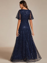 Load image into Gallery viewer, Color=Navy Blue | Shiny Sequin V Neck Evening Dress With Short Sleeves-Navy Blue 13