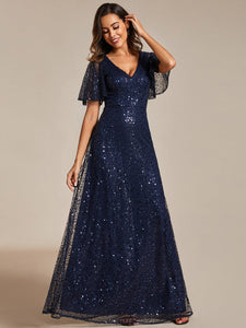 Color=Navy Blue | Shiny Sequin V Neck Evening Dress With Short Sleeves-Navy Blue 13