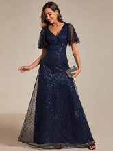 Load image into Gallery viewer, Color=Navy Blue | Shiny Sequin V Neck Evening Dress With Short Sleeves-Navy Blue 13