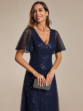 Load image into Gallery viewer, Color=Navy Blue | Shiny Sequin V Neck Evening Dress With Short Sleeves-Navy Blue 13