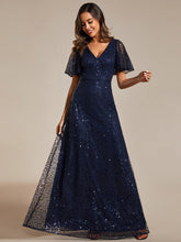 Load image into Gallery viewer, Color=Navy Blue | Shiny Sequin V Neck Evening Dress With Short Sleeves-Navy Blue 13