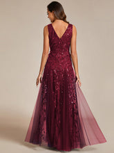 Load image into Gallery viewer, Color=Burgundy | Shiny V-Neck Sequin Sleeveless Evening Dress with Tulle-Burgundy 2