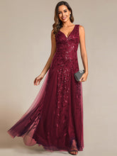 Load image into Gallery viewer, Color=Burgundy | Shiny V-Neck Sequin Sleeveless Evening Dress with Tulle-Burgundy 1