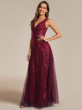 Load image into Gallery viewer, Color=Burgundy | Shiny V-Neck Sequin Sleeveless Evening Dress with Tulle-Burgundy 3