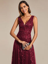 Load image into Gallery viewer, Color=Burgundy | Shiny V-Neck Sequin Sleeveless Evening Dress with Tulle-Burgundy 5