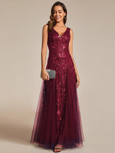 Load image into Gallery viewer, Color=Burgundy | Shiny V-Neck Sequin Sleeveless Evening Dress with Tulle-Burgundy 4