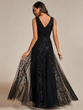 Load image into Gallery viewer, Color=Black | Shiny V-Neck Sequin Sleeveless Evening Dress with Tulle-Black 13