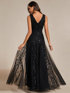 Color=Black | Shiny V-Neck Sequin Sleeveless Evening Dress with Tulle-Black 13