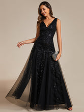 Load image into Gallery viewer, Color=Black | Shiny V-Neck Sequin Sleeveless Evening Dress with Tulle-Black 13