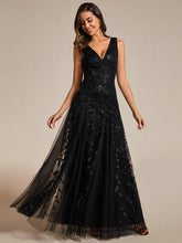 Load image into Gallery viewer, Color=Black | Shiny V-Neck Sequin Sleeveless Evening Dress with Tulle-Black 13