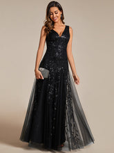 Load image into Gallery viewer, Color=Black | Shiny V-Neck Sequin Sleeveless Evening Dress with Tulle-Black 13